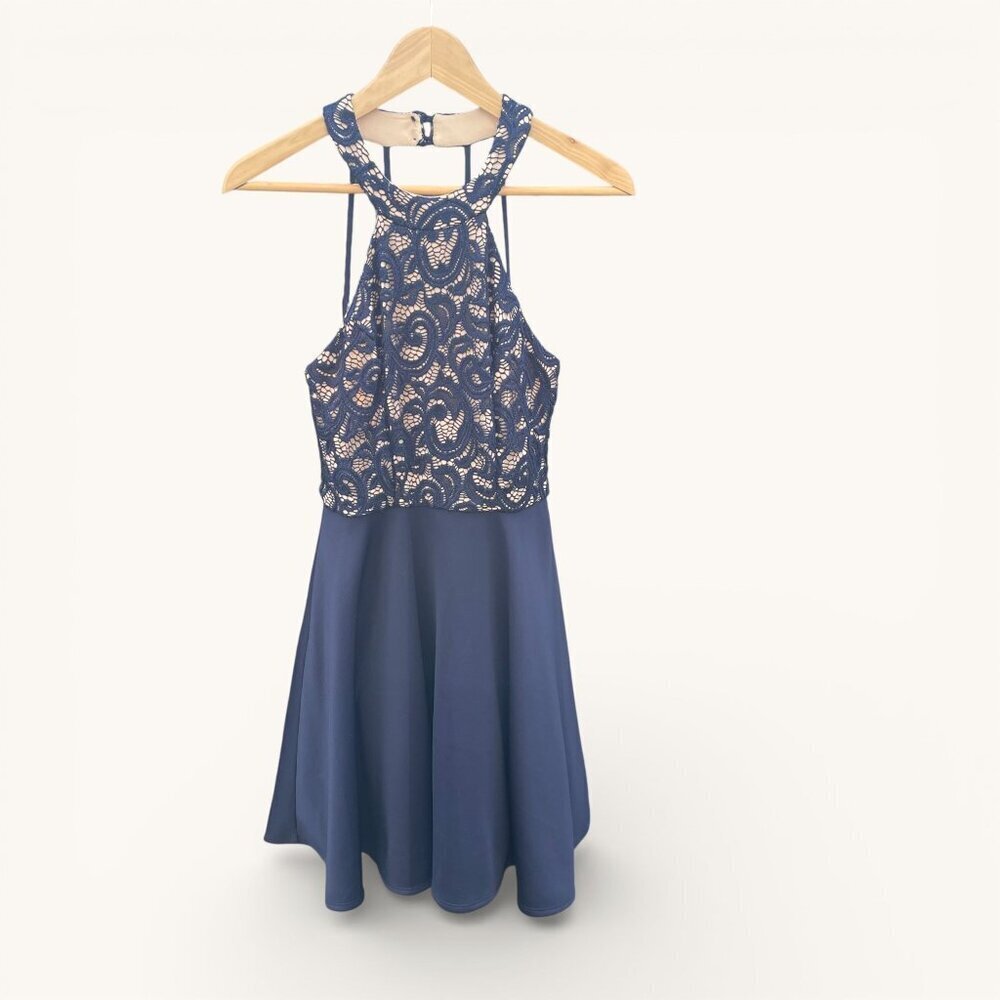 B. Darlin Cocktail Skater Dress Lace Overlay Navy Blue/Nude Size 5/6 NWT